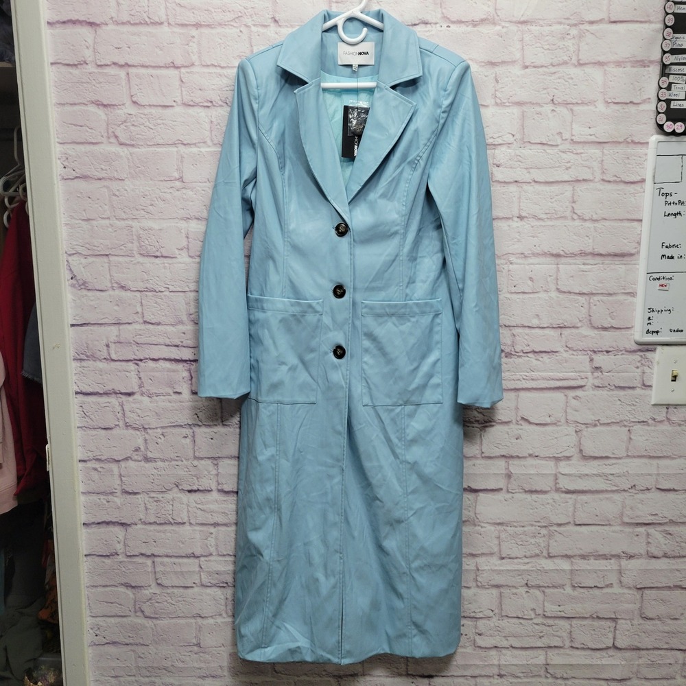 NEW Fashion Nova Vegan Leather Trench Coat Women M Long Shiny Aqua No Belt *READ